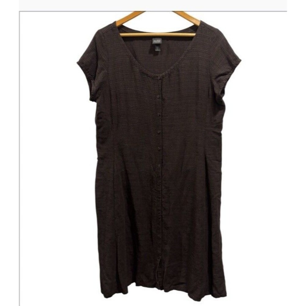 Eileen Fisher Size Large Brown Button Front Shirtdress Short Sleeve dress linen